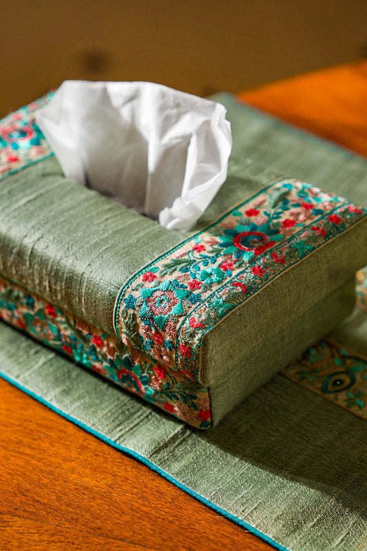 Dupion Silk Tissue Box - Handwoven, Floral Embroidery
