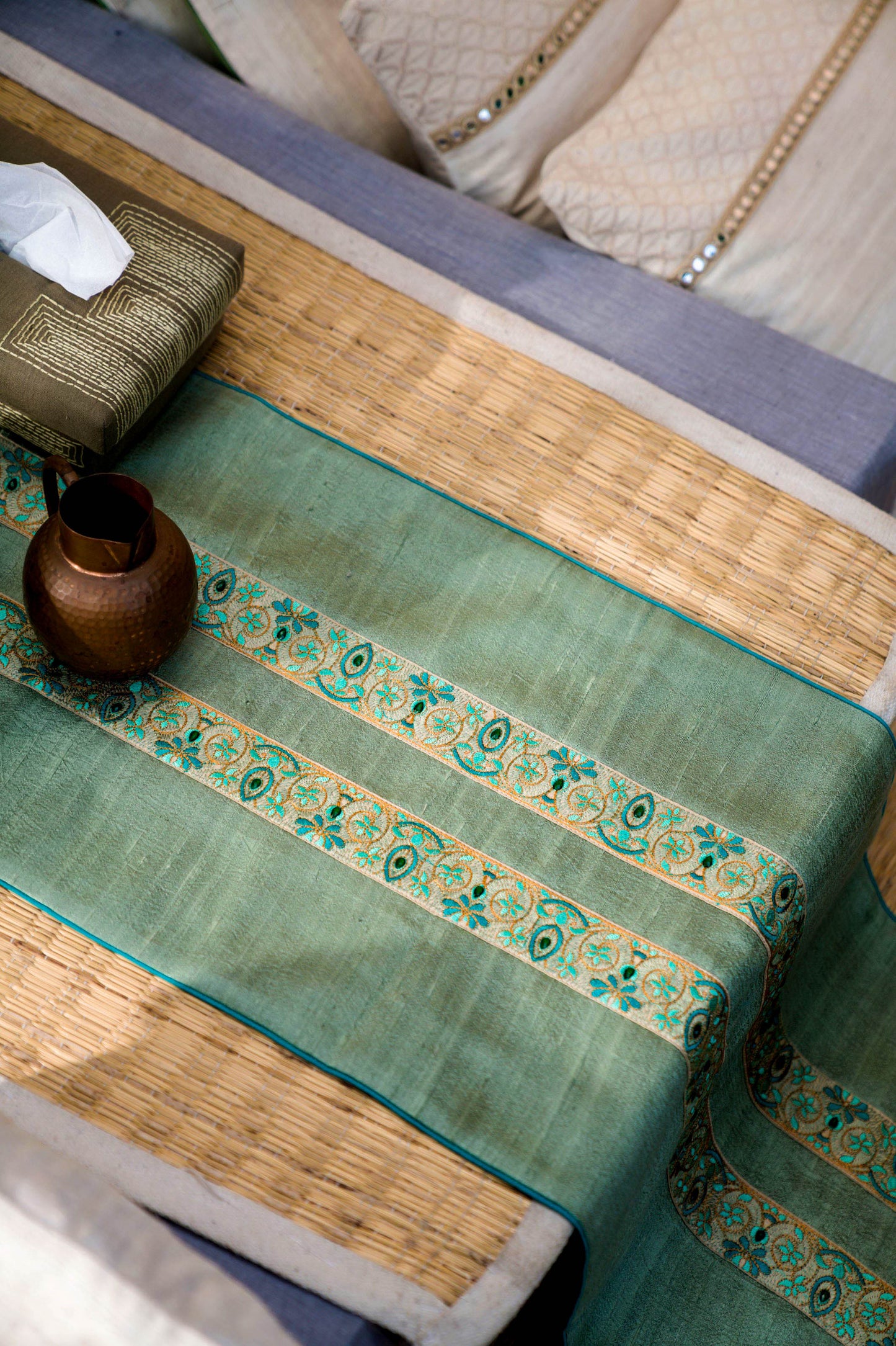 Hand-Embroidered Dupion Silk Table Runner - With Beadwork & Silk Piping