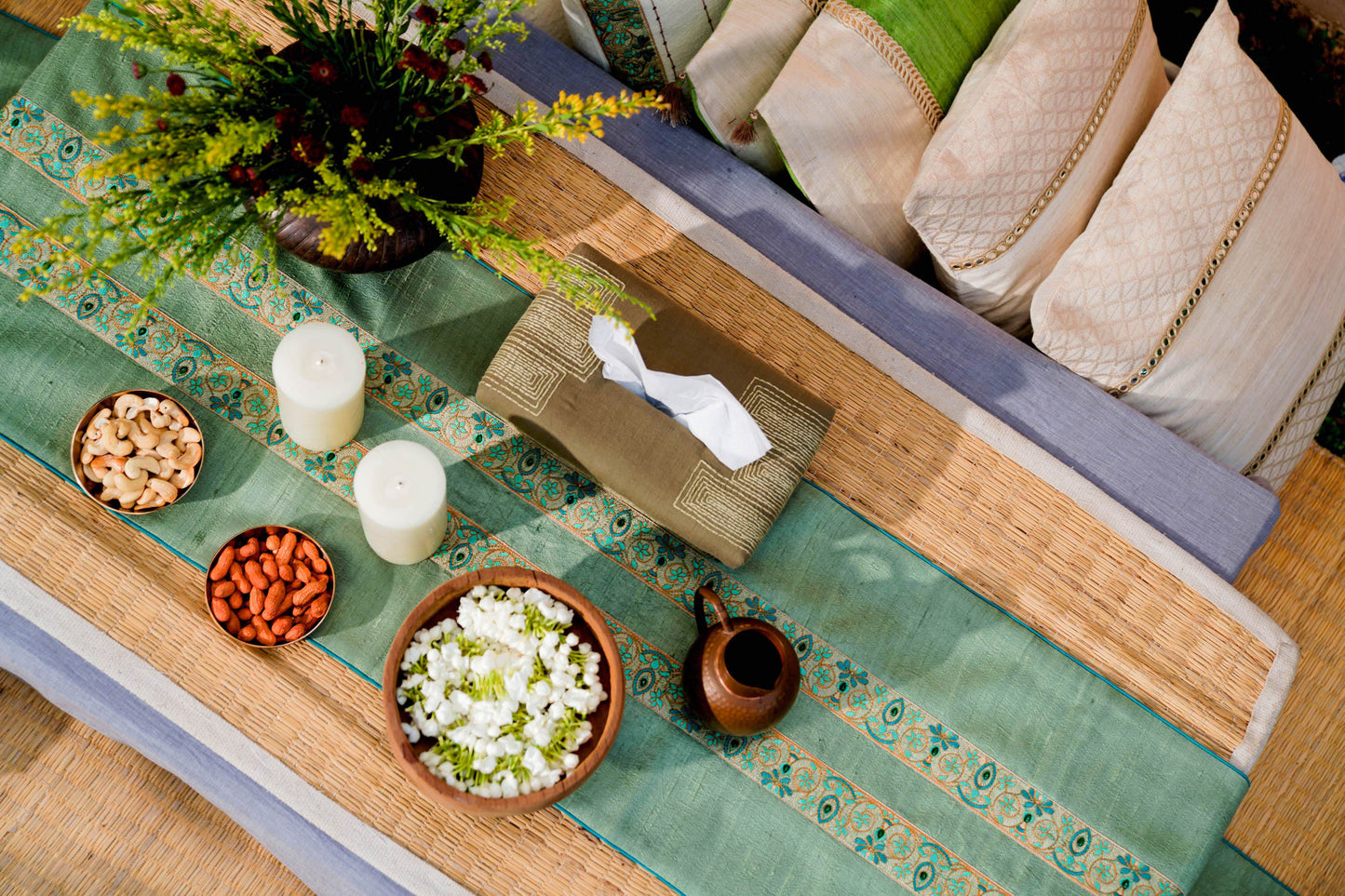 Hand-Embroidered Dupion Silk Table Runner - With Beadwork & Silk Piping