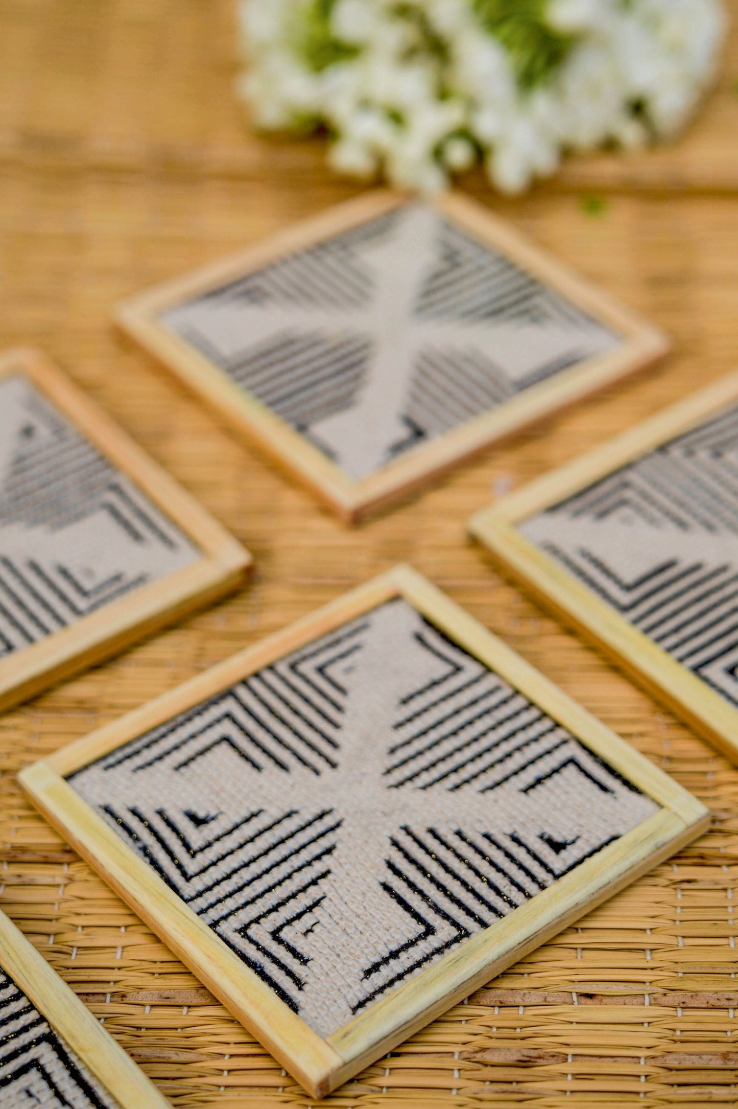 Jacquard Cotton Beverage Coasters - Set of 2 With Holder