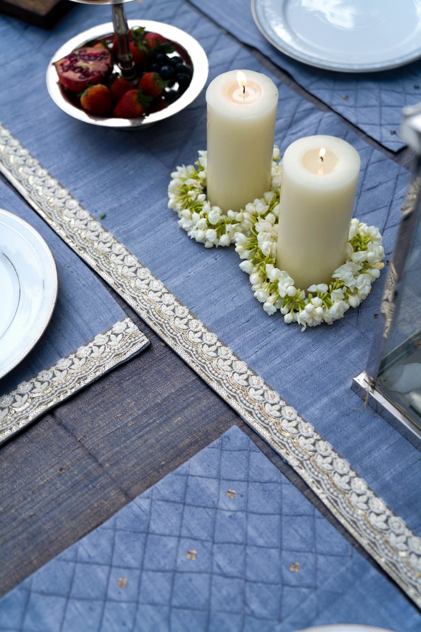Dupion Silk Hand-Embroidered Table Runner With 6 Table Mats - Blue