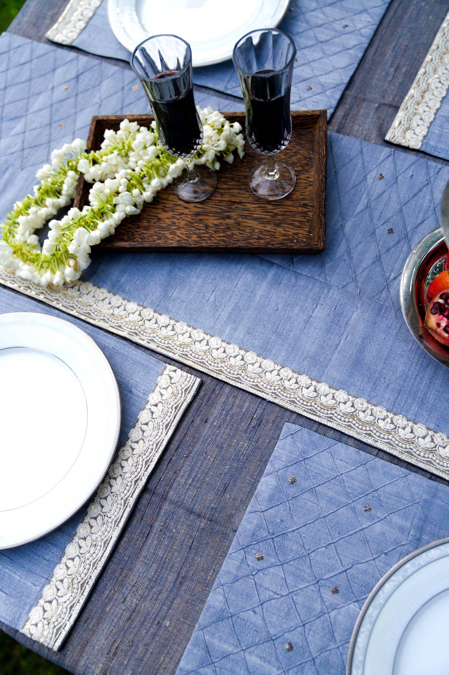 Dupion Silk Hand-Embroidered Table Runner With 6 Table Mats - Blue