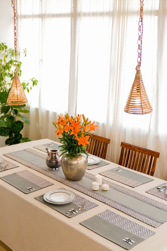 Hand-Embroidered Cotton Table Runner African-Aztec Design - 9 Piece Set