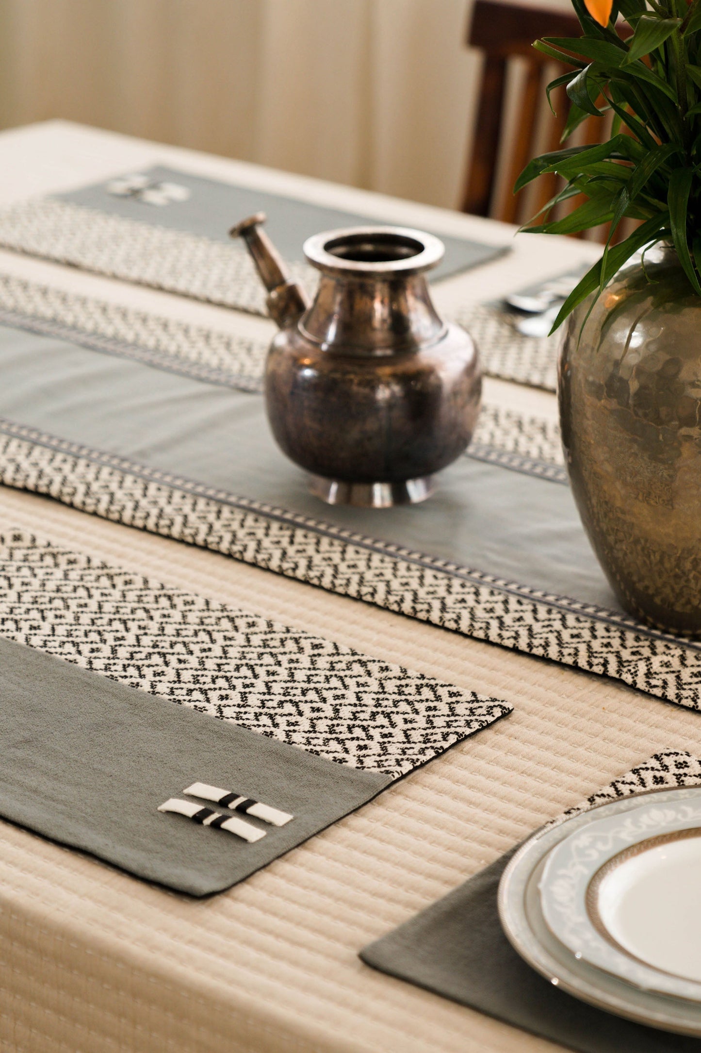 Hand-Embroidered Cotton Table Runner African-Aztec Design - 9 Piece Set