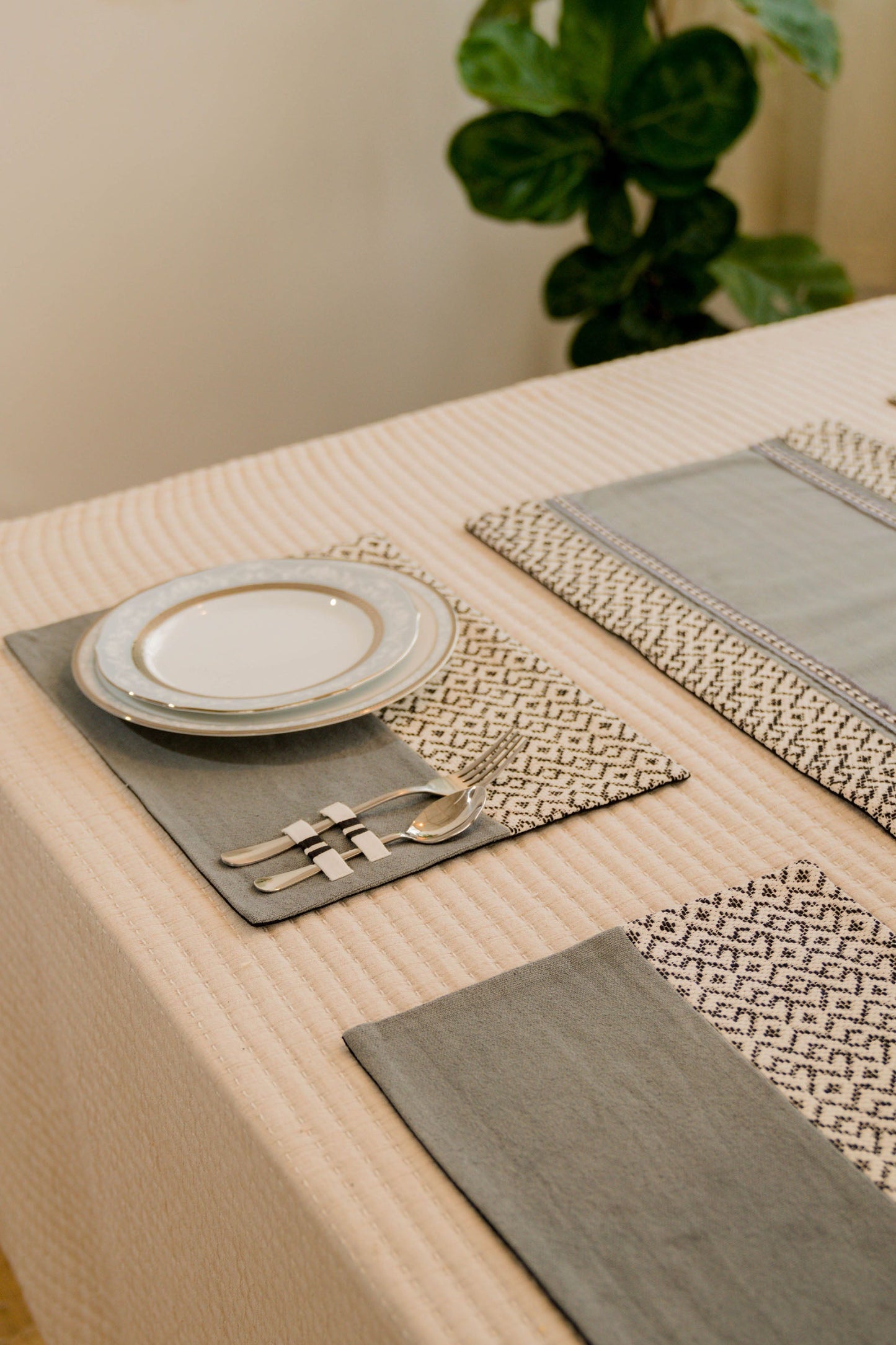 Hand-Embroidered Cotton Table Runner African-Aztec Design - 9 Piece Set