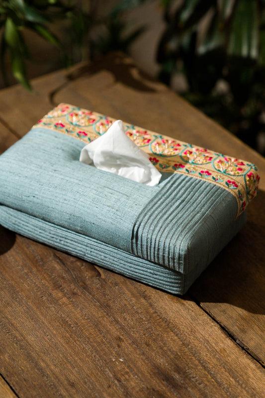 Dupion Silk Tissue Box - Floral Embroidery, Pleated