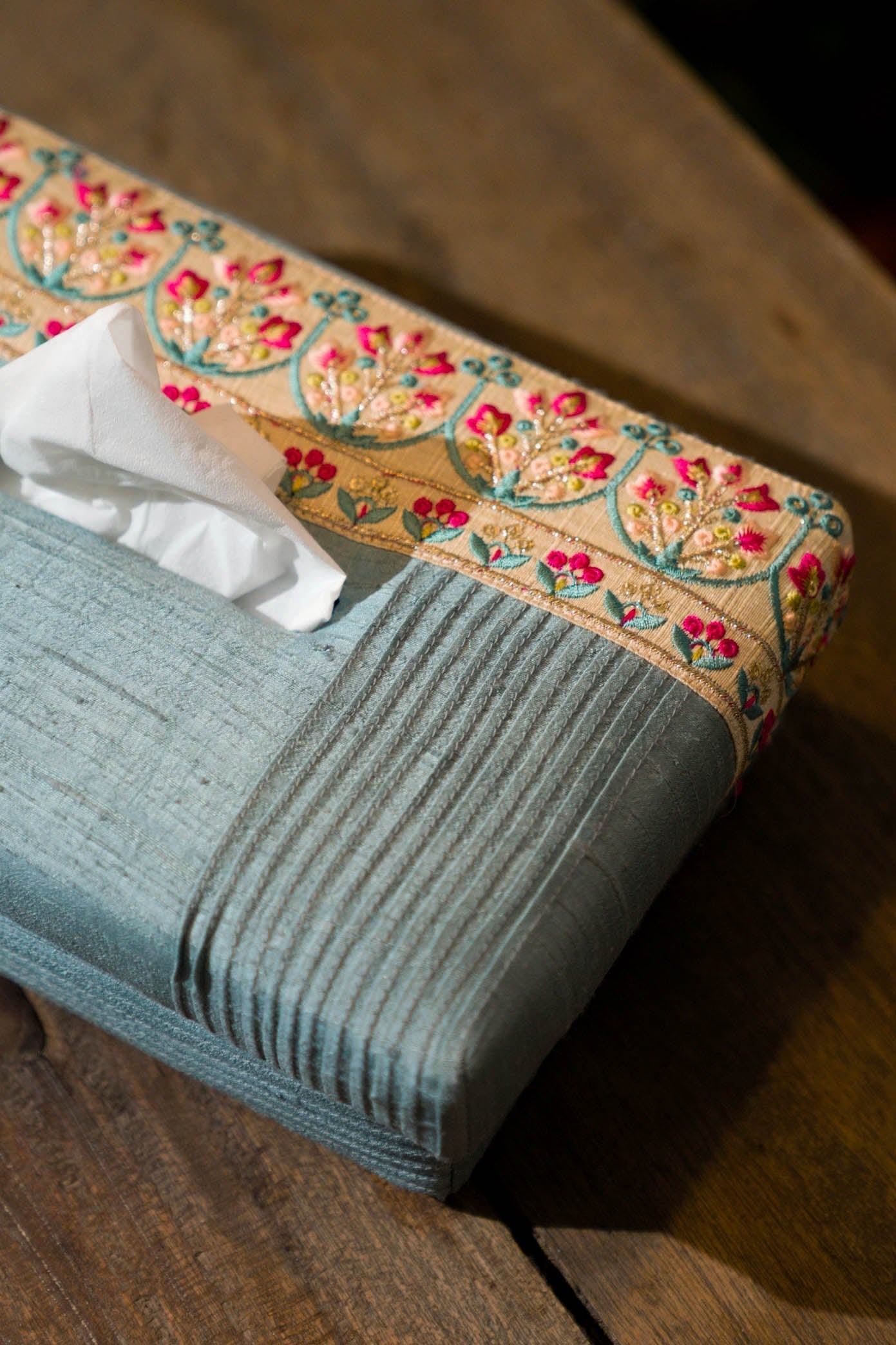Dupion Silk Tissue Box - Floral Embroidery, Pleated