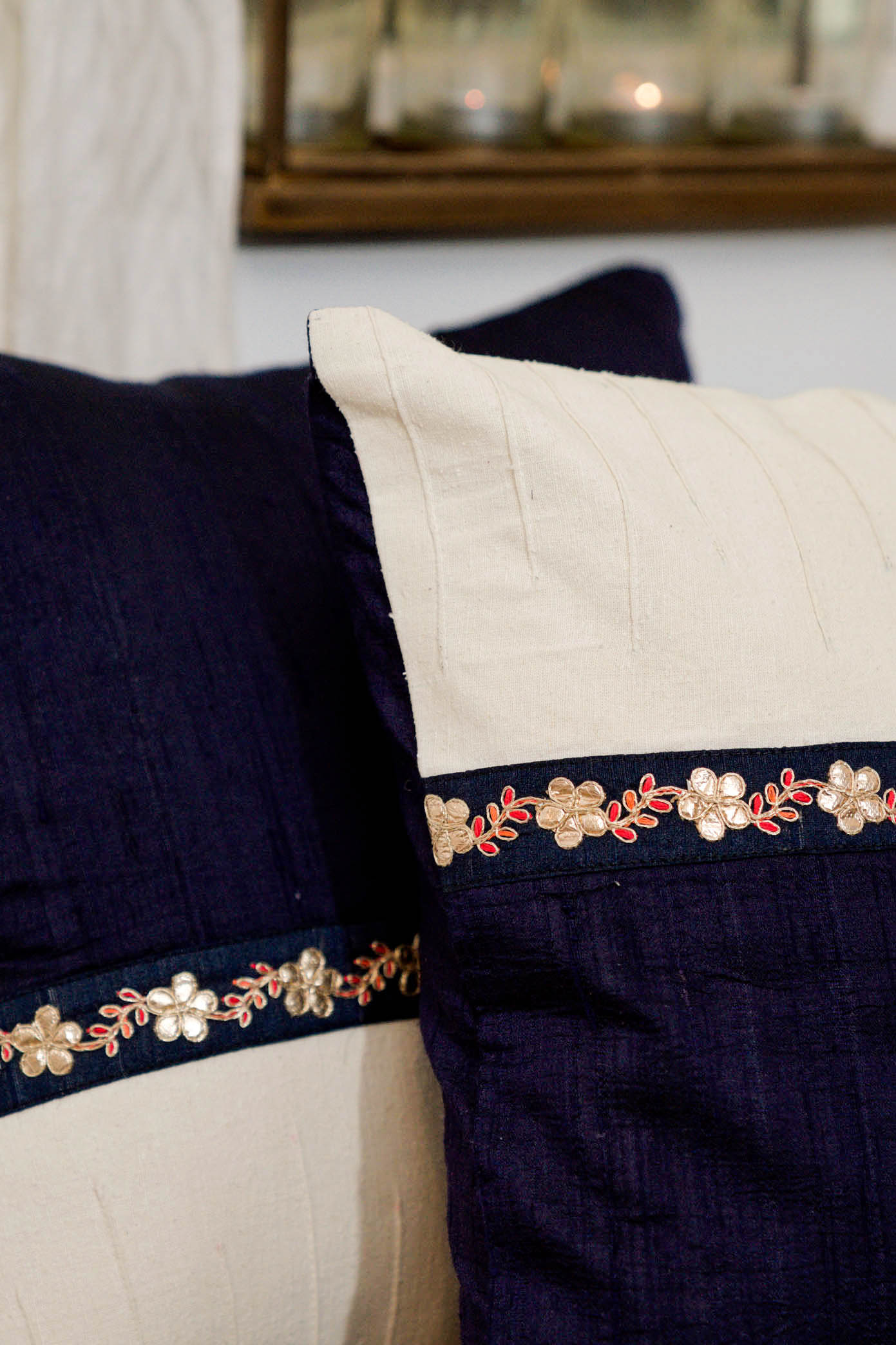 Handwoven Dupion Silk Cushion Cover Dabka Border - Two-Tone