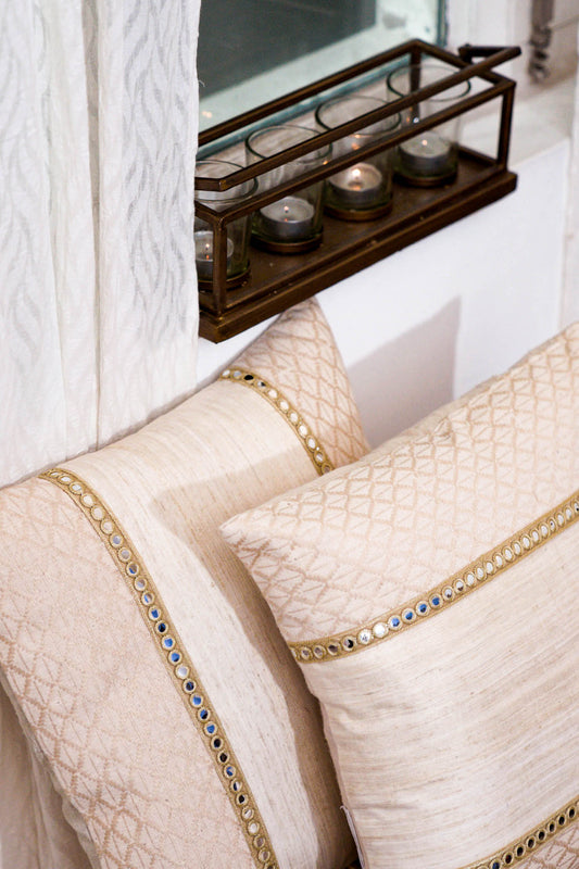 Handwoven Matka Silk Cushion Cover - Cotton Blend, Mirror Work