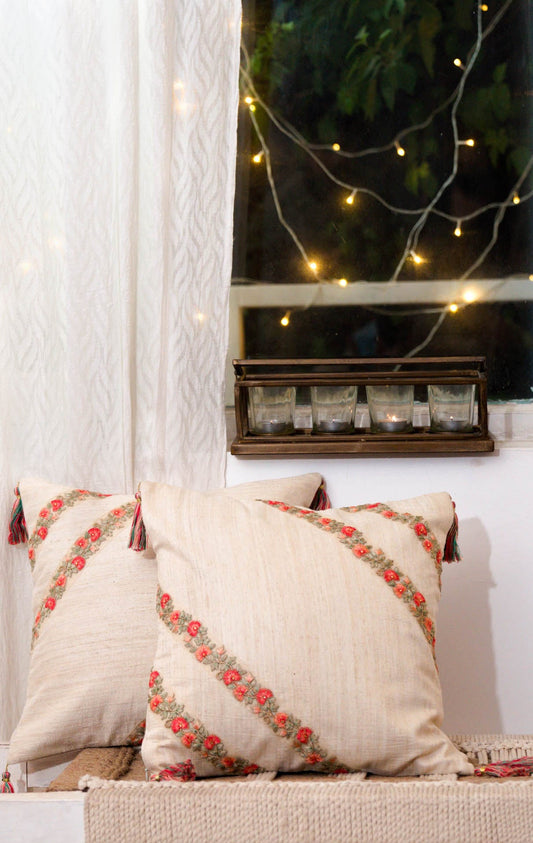 Handwoven Dupion Silk Cushion Cover - Hand-Embroidered, Four Tassels