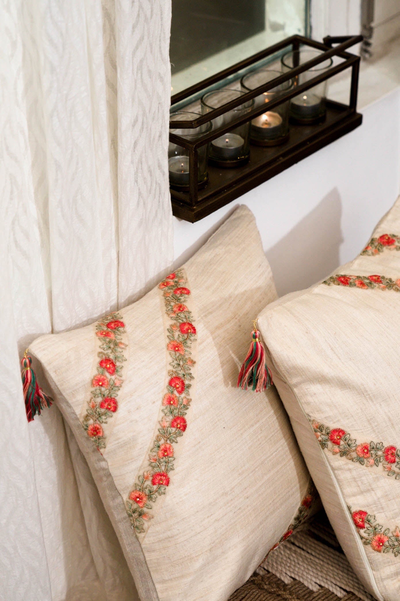 Handwoven Dupion Silk Cushion Cover - Hand-Embroidered, Four Tassels