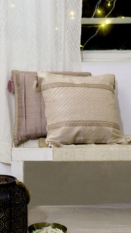 Handwoven Dupion Silk Cushion Cover - Pleated, Embroidered, 16x16 Inch