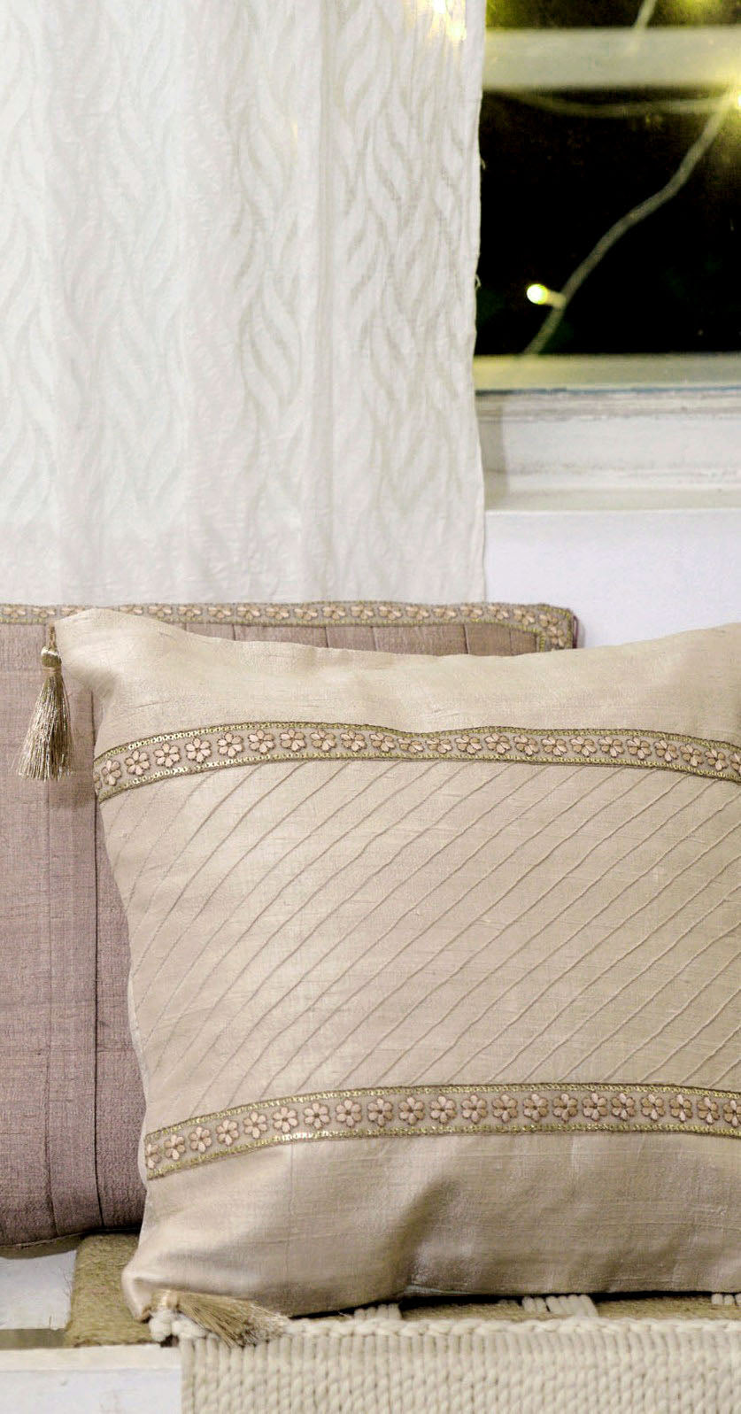 Handwoven Dupion Silk Cushion Cover - Pleated, Embroidered, 16x16 Inch