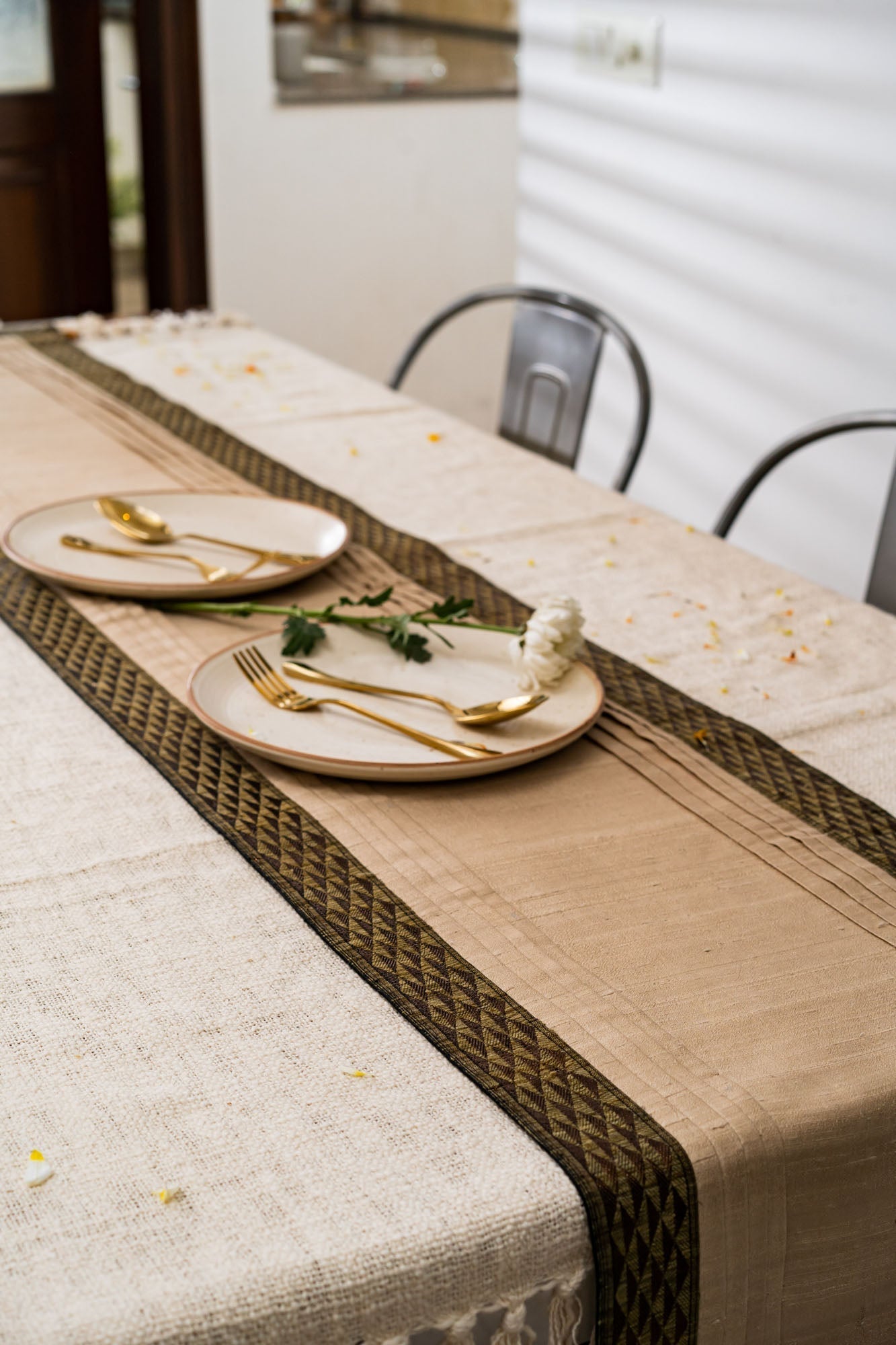 Handwoven Dupion Silk Table Runner - Zari Gold Border, 80x14in