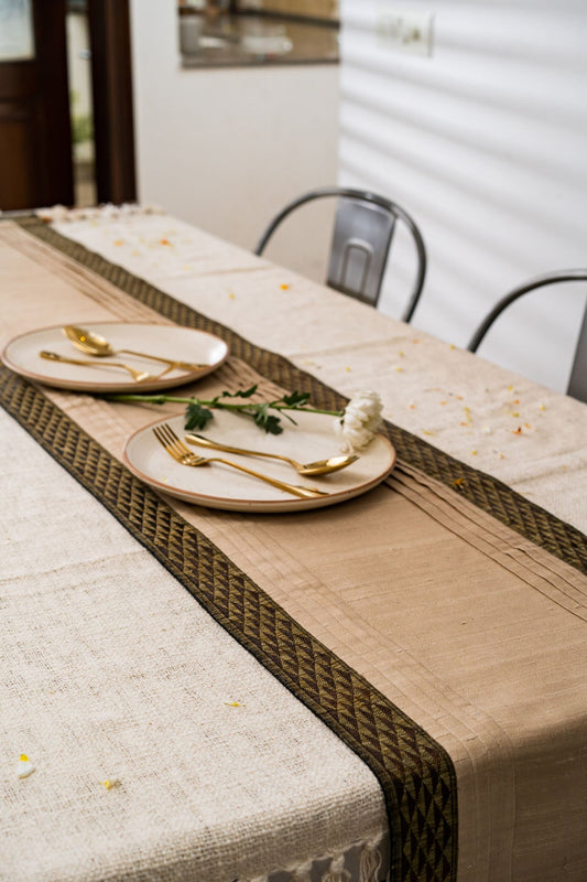 Handwoven Dupion Silk Table Runner - Zari Gold Border, 80x14in