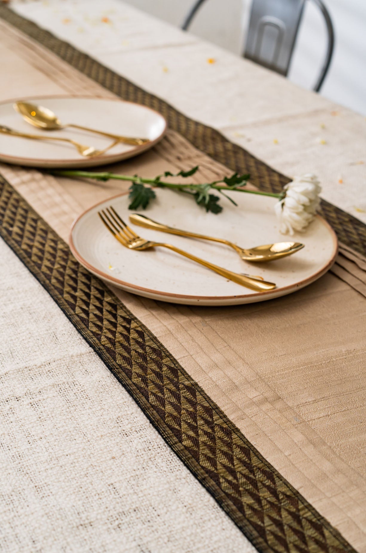 Handwoven Dupion Silk Table Runner - Zari Gold Border, 80x14in