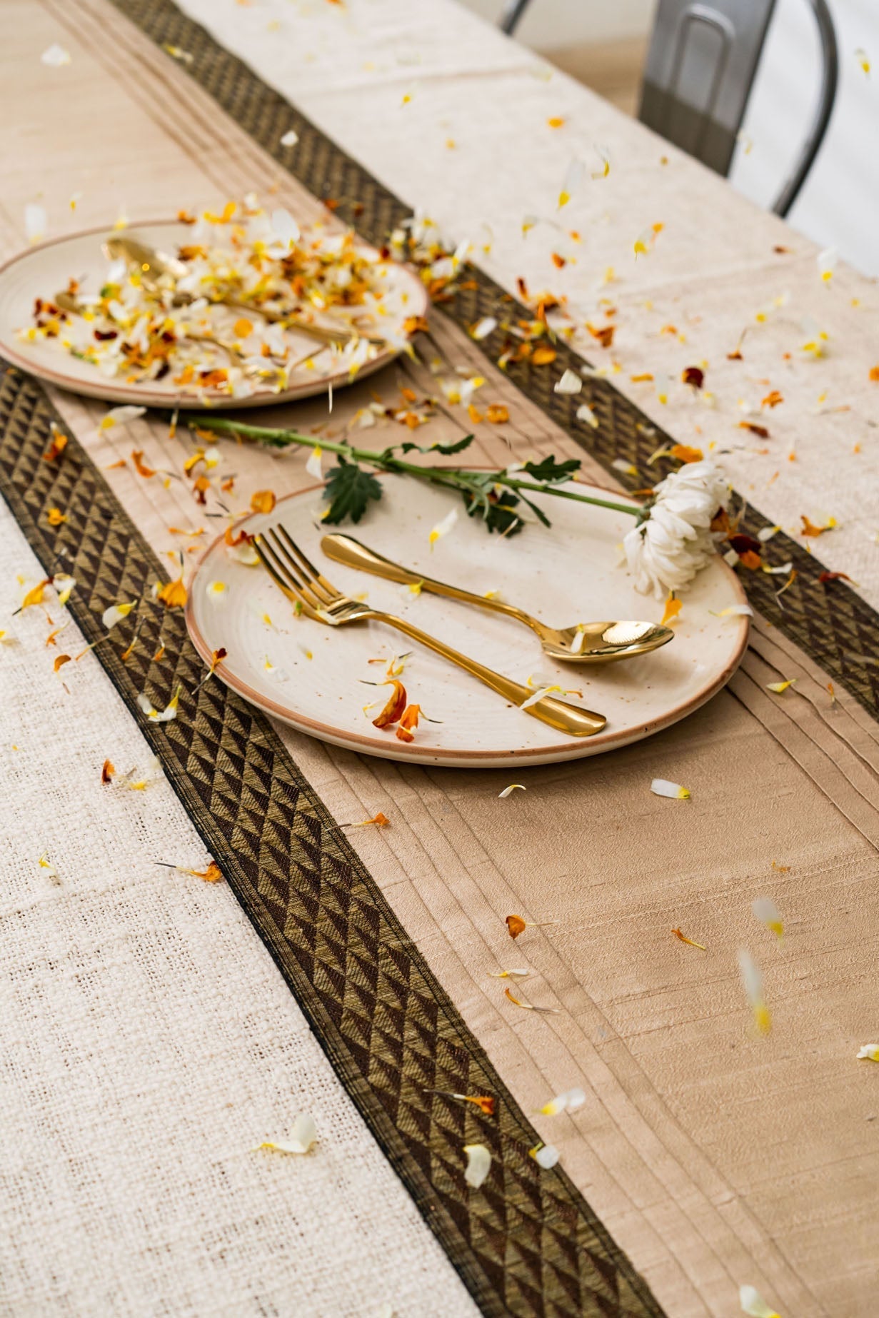 Handwoven Dupion Silk Table Runner - Zari Gold Border, 80x14in