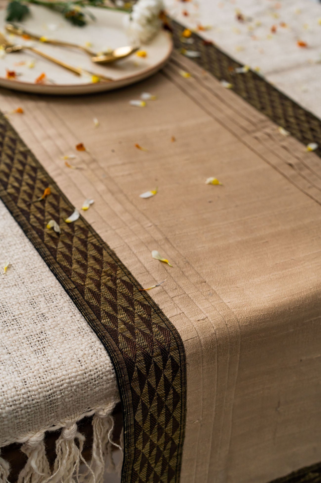 Handwoven Dupion Silk Table Runner - Zari Gold Border, 80x14in