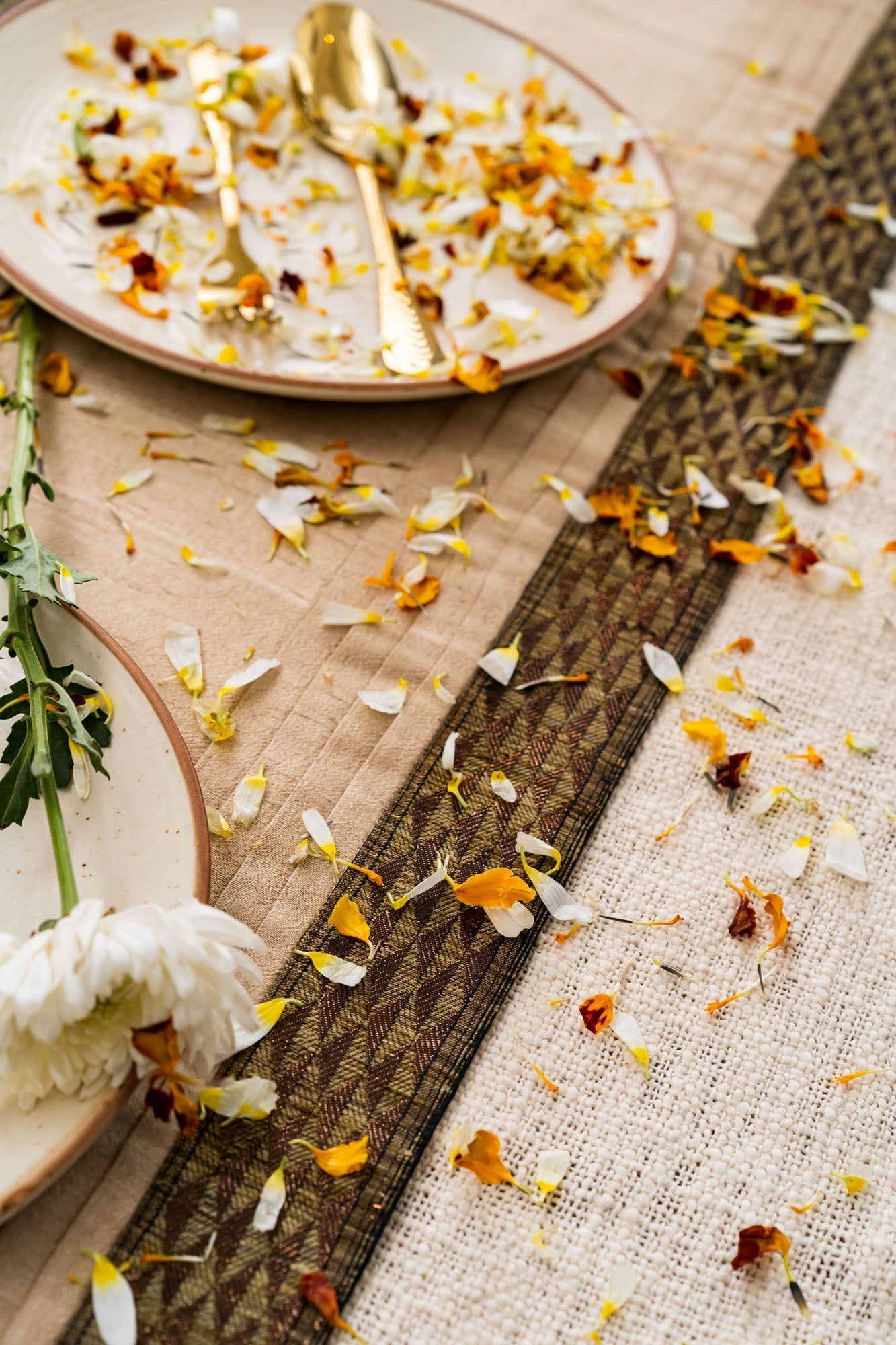 Handwoven Dupion Silk Table Runner - Zari Gold Border, 80x14in