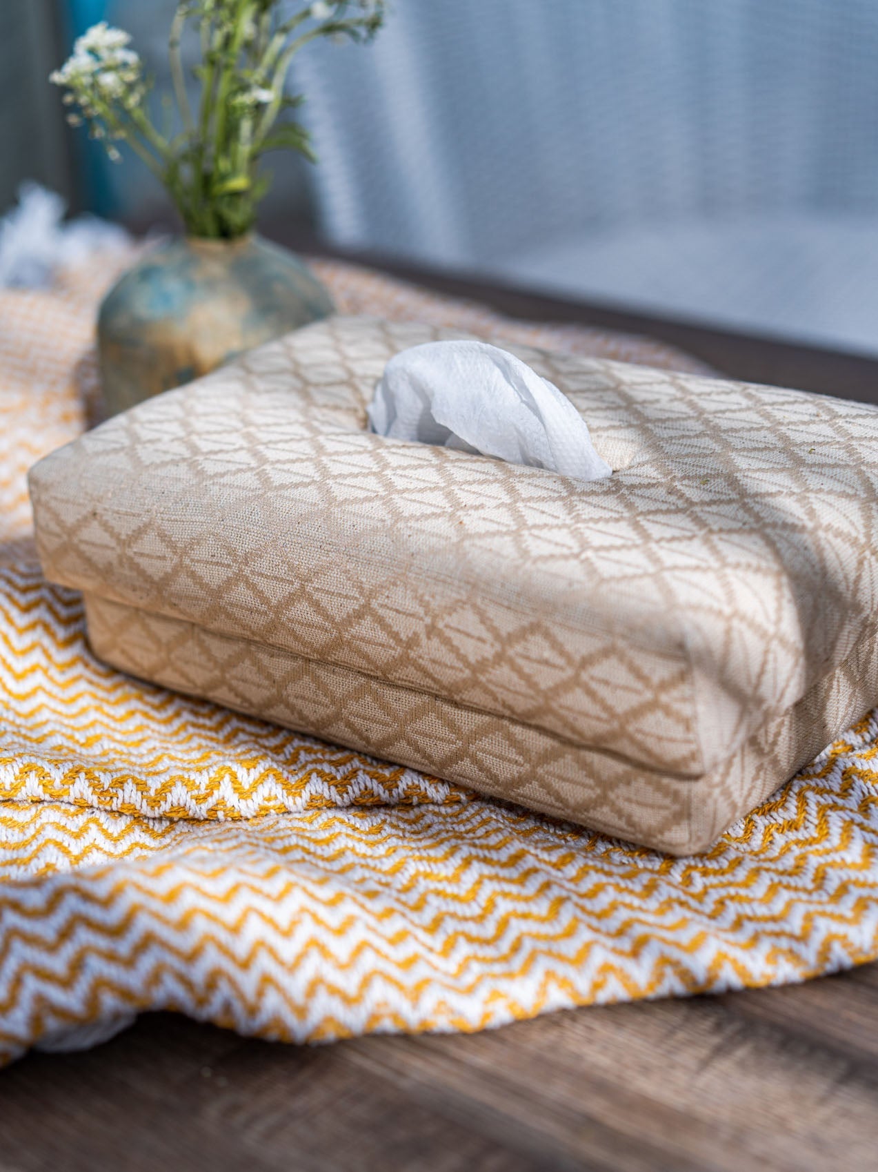 Khadi Cotton Tissue Box - Handwoven Jacquard