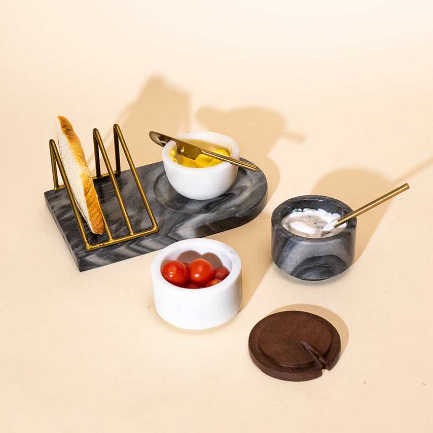 Grey Marble Breakfast Serving Tray - Gold-accented Toast Stand