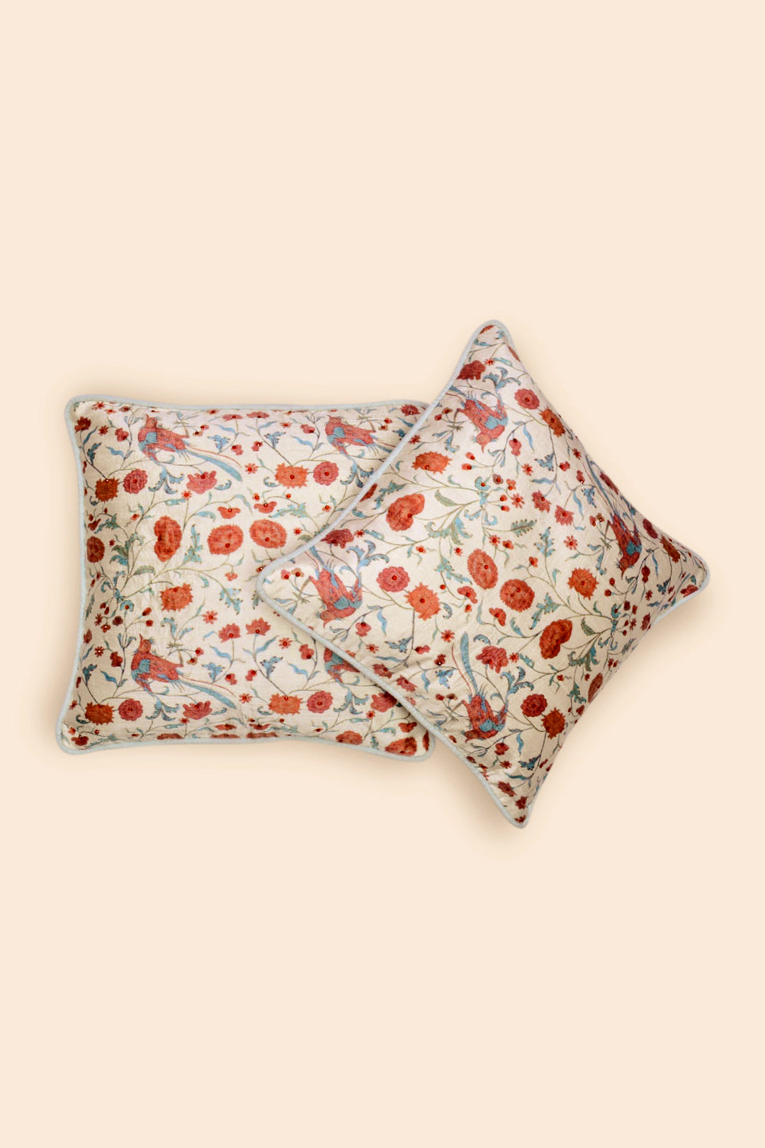 Dupion Silk Cushion Cover With Beads - Mughal Garden Print