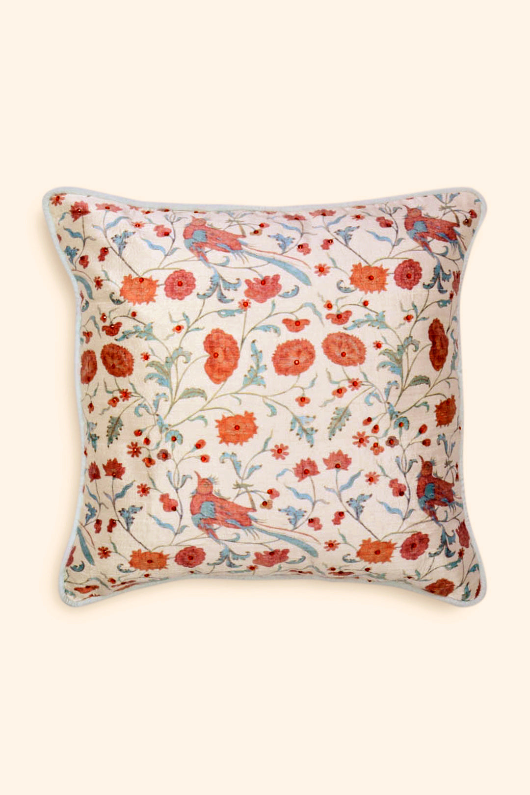 Dupion Silk Cushion Cover With Beads - Mughal Garden Print