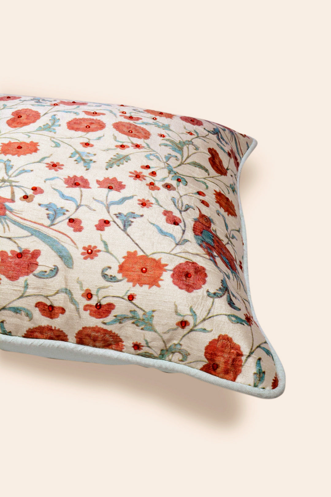 Dupion Silk Cushion Cover With Beads - Mughal Garden Print