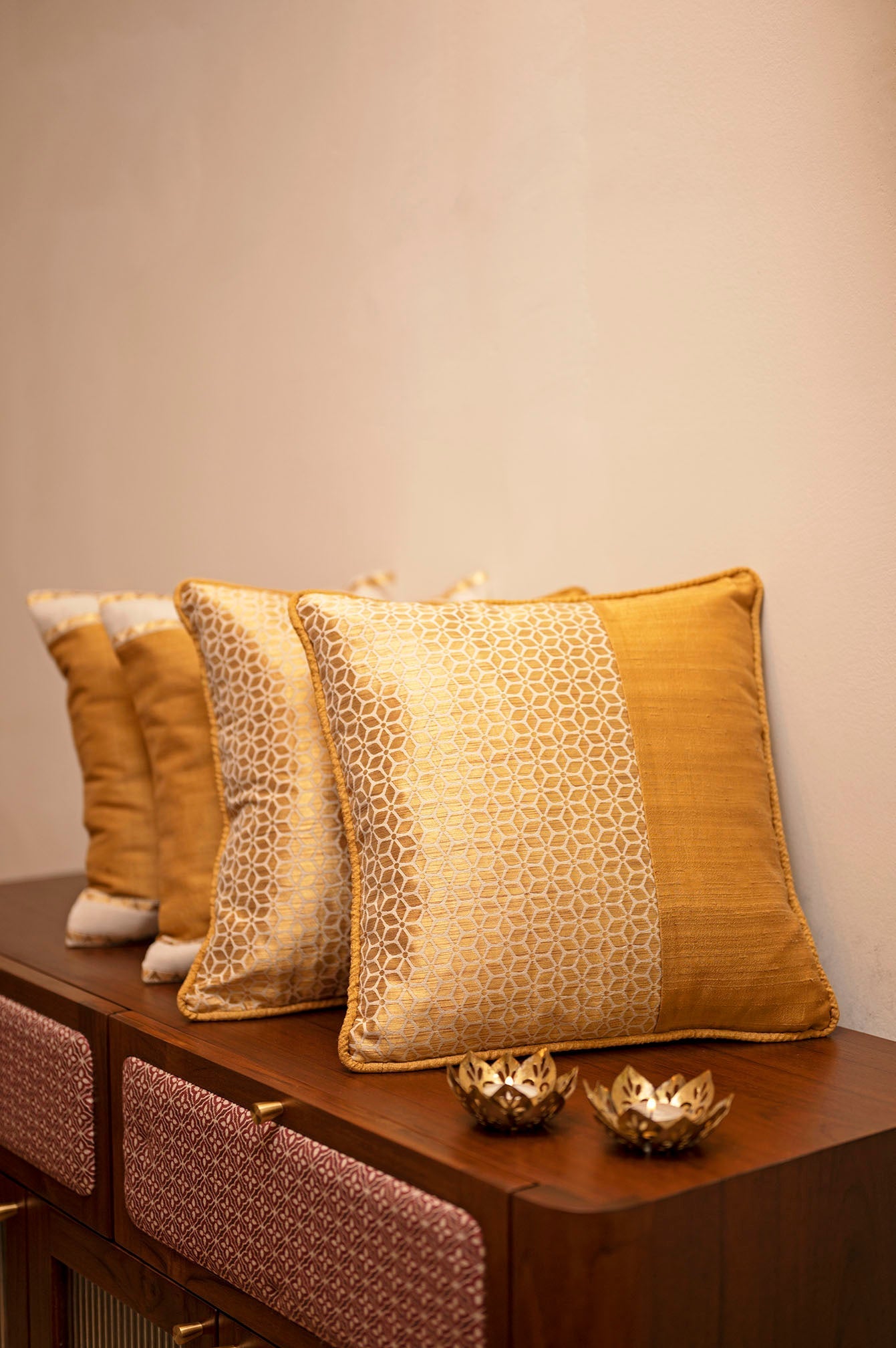 Handwoven Dupion Silk Cushion Cover With Geometrical Floral Pattern - Jacquard Patch