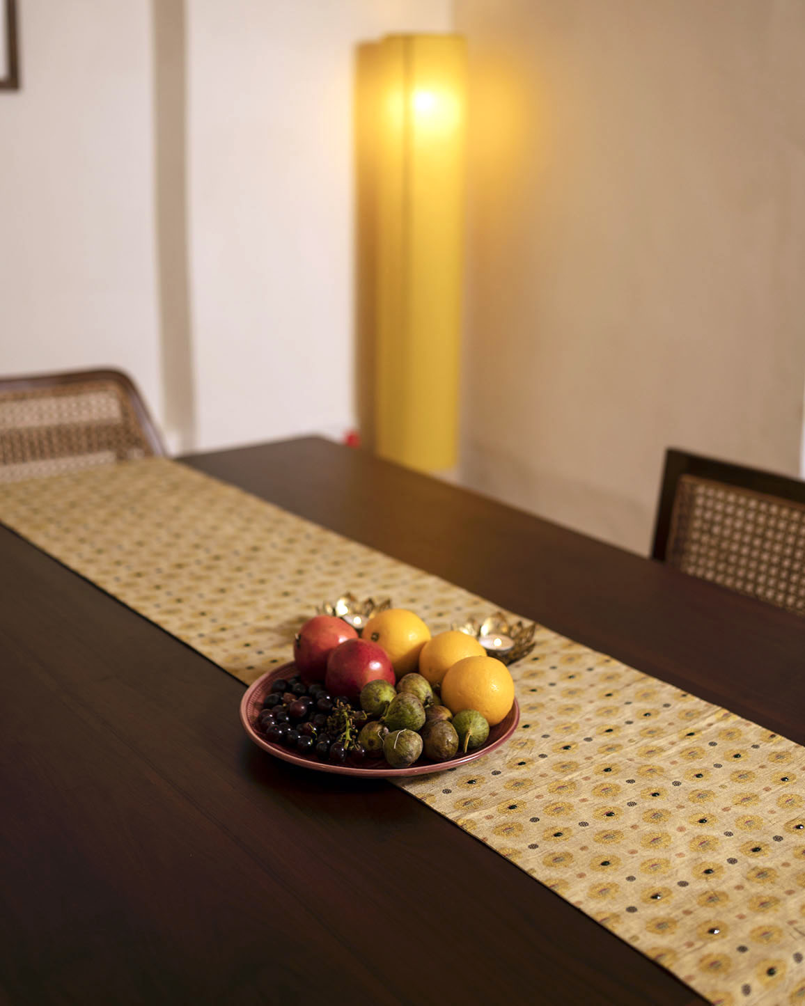 Handwoven Dupion Silk Table Runner - Mustard Buti Patterns & Bead Work