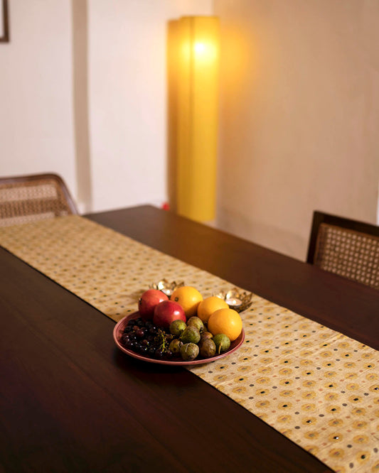 Handwoven Dupion Silk Table Runner - Mustard Buti Patterns & Bead Work