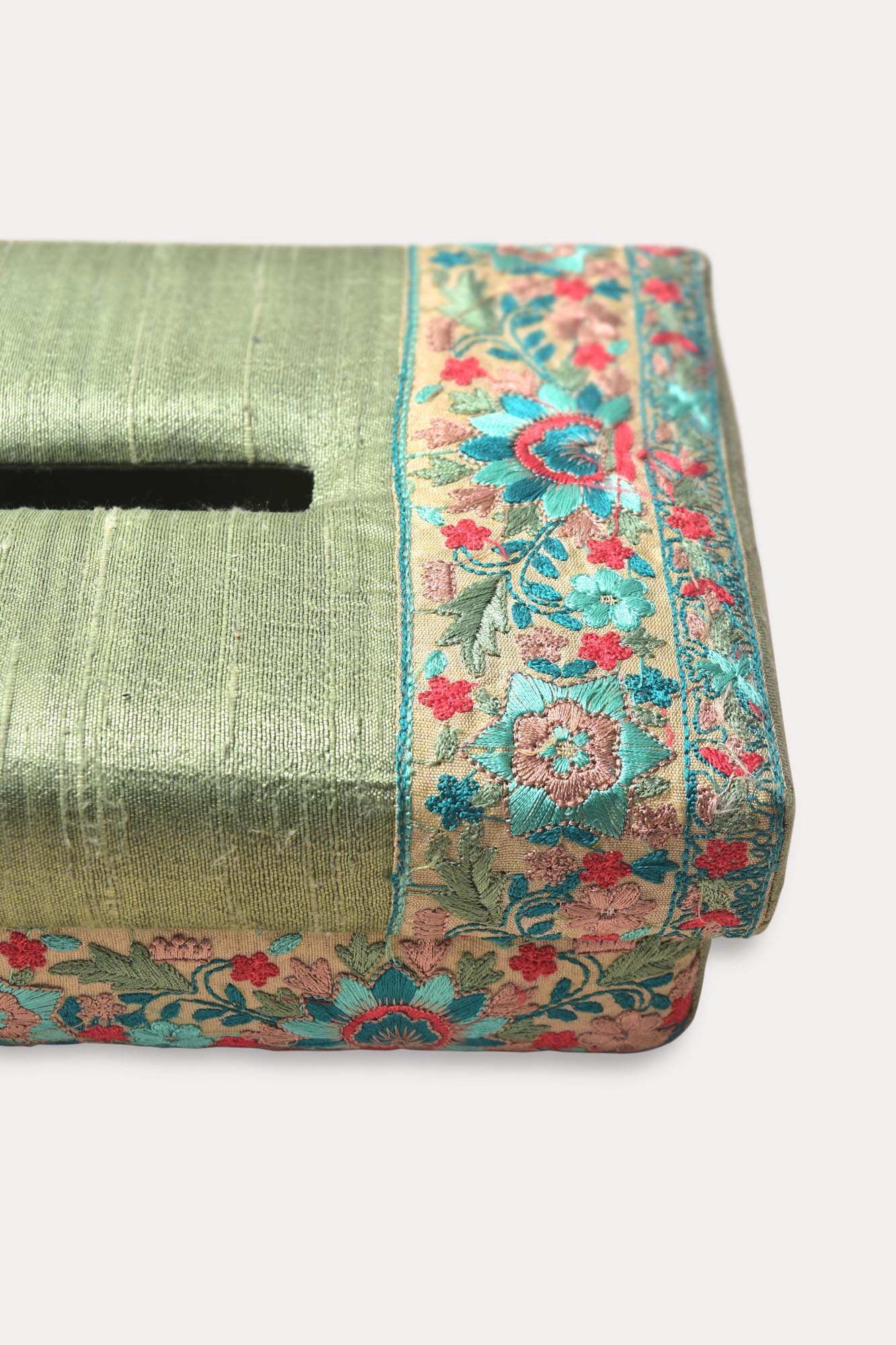 Dupion Silk Tissue Box - Handwoven, Floral Embroidery