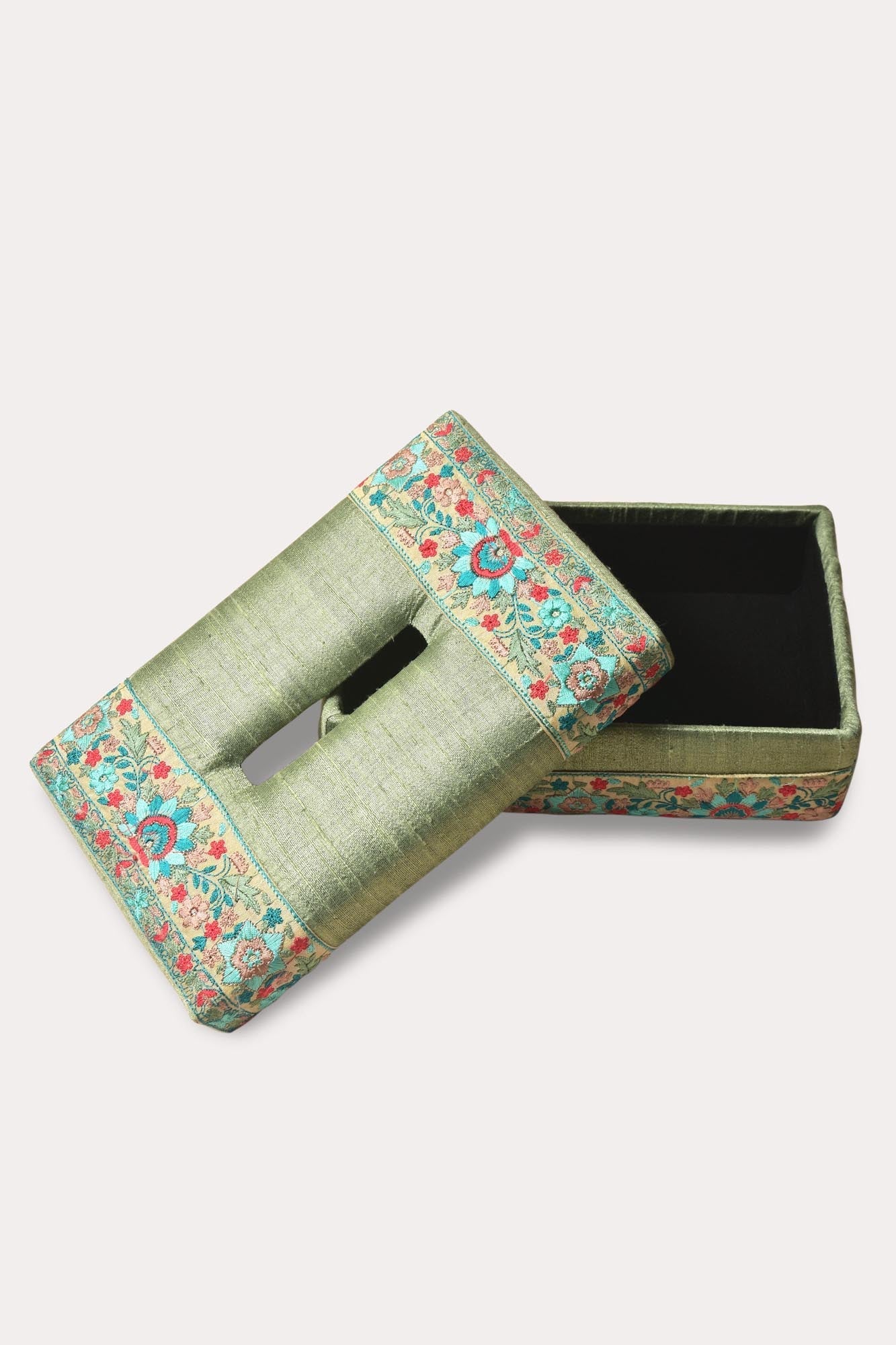 Dupion Silk Tissue Box - Handwoven, Floral Embroidery
