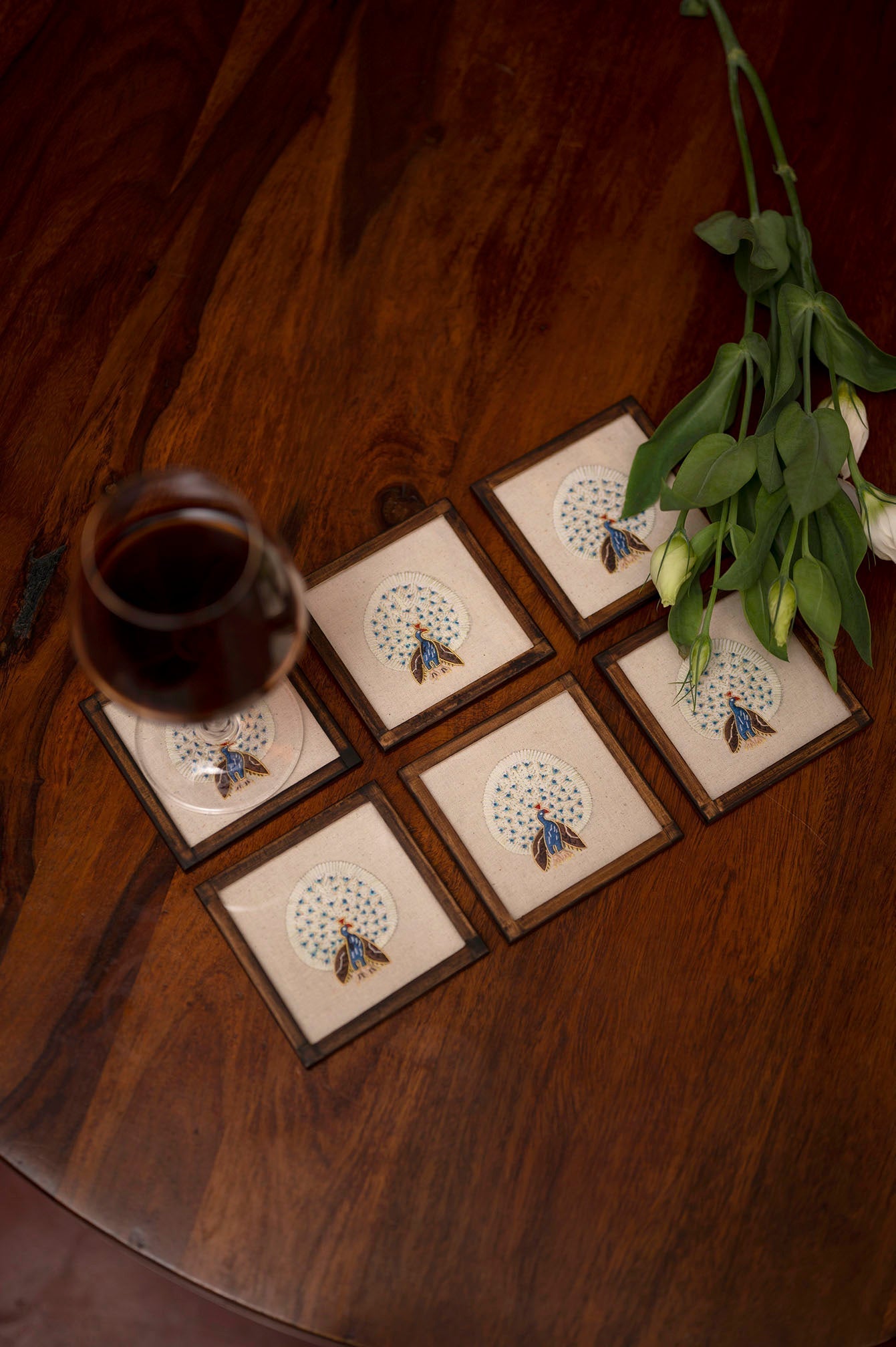 Handwoven Cocktail Coasters Peacock Motifs - Set of 6