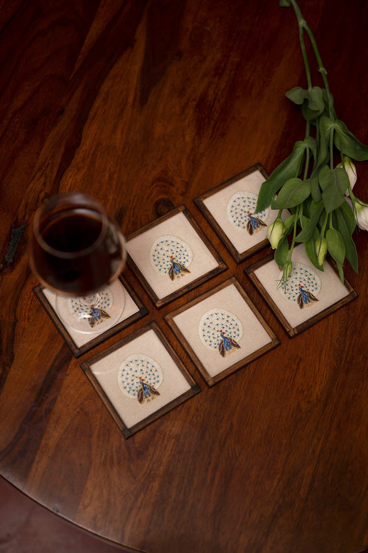 Handwoven Cocktail Coasters Peacock Motifs - Set of 6