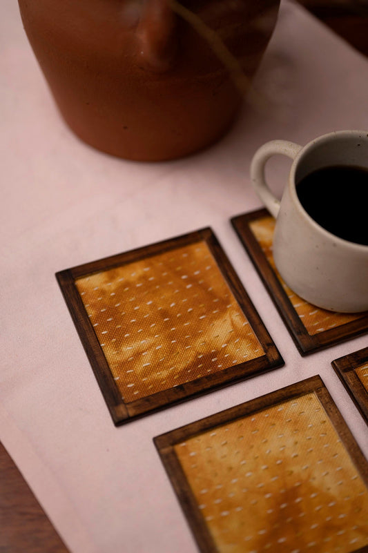 Handwoven Cotton Beverage Coasters Embroidered - Set of 2 With Holder