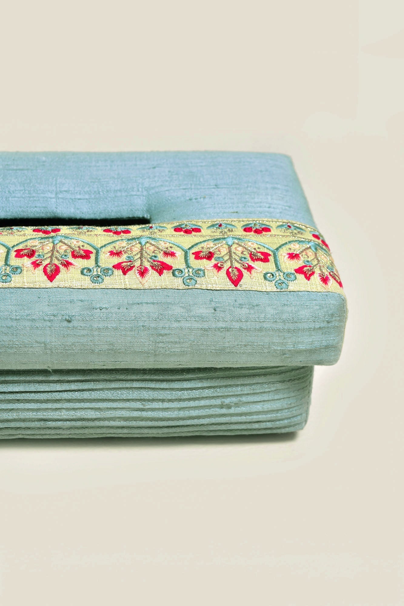 Dupion Silk Tissue Box - Floral Embroidery, Pleated