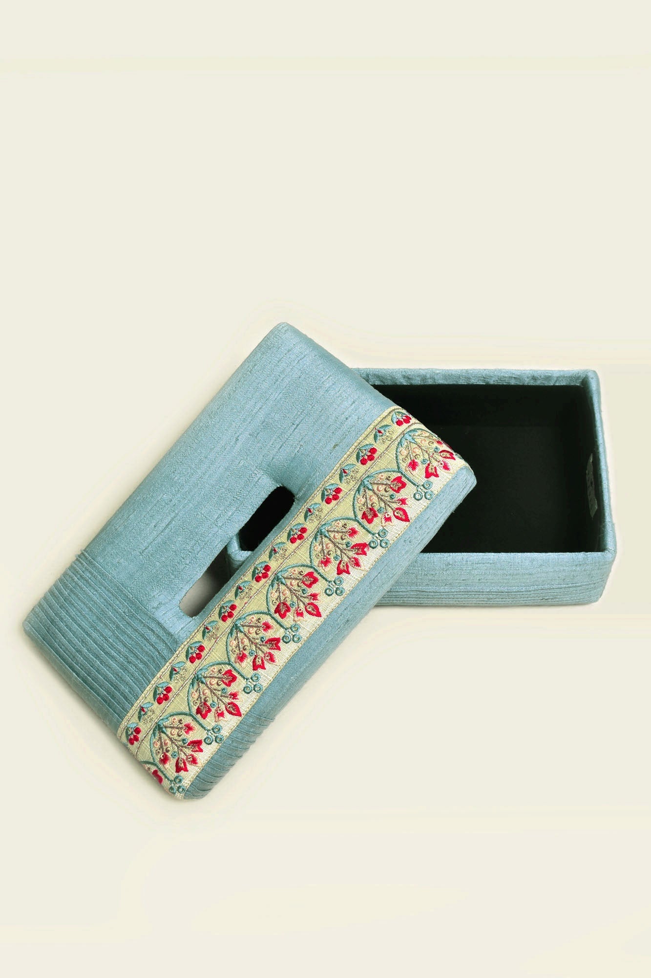 Dupion Silk Tissue Box - Floral Embroidery, Pleated