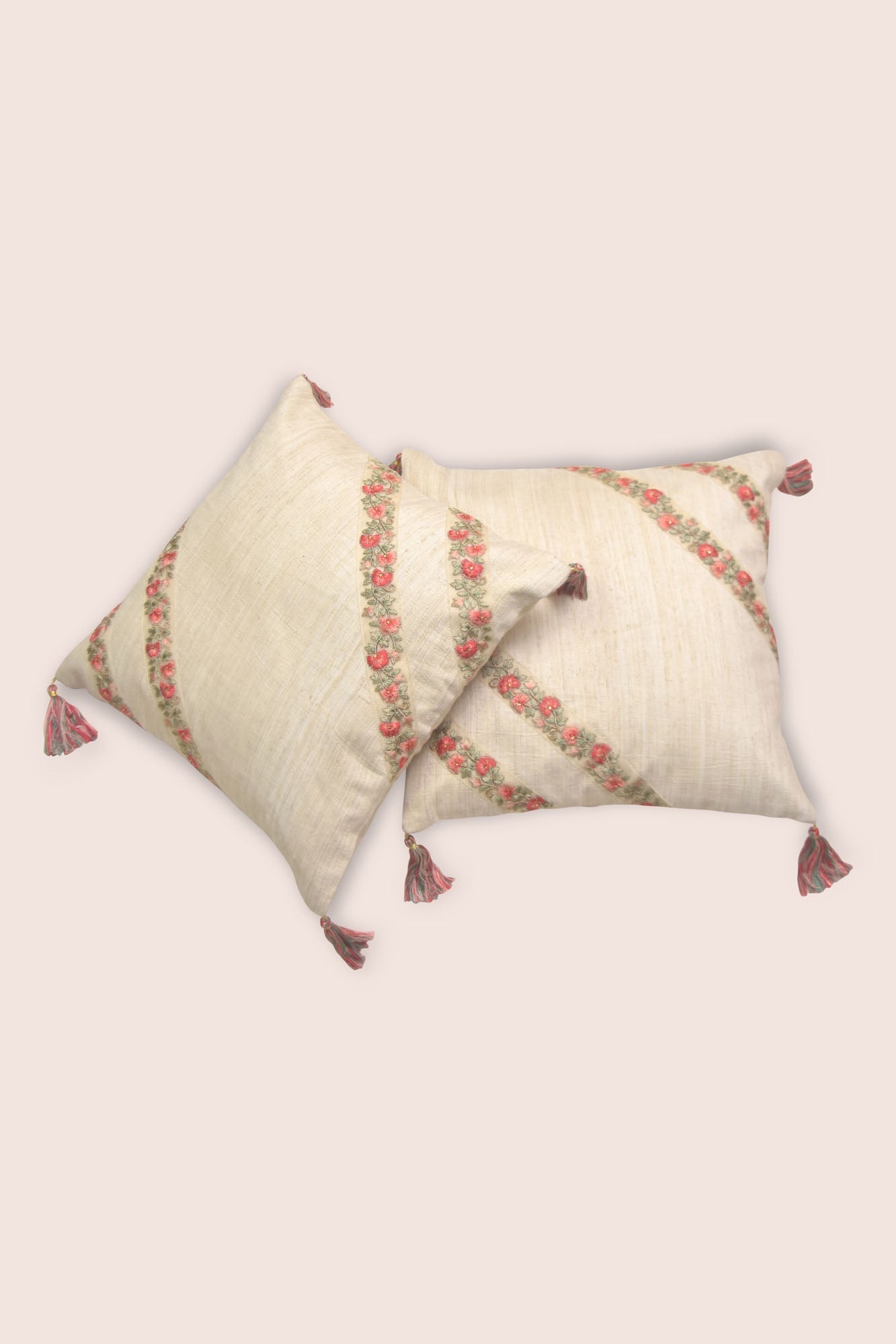 Handwoven Dupion Silk Cushion Cover - Hand-Embroidered, Four Tassels