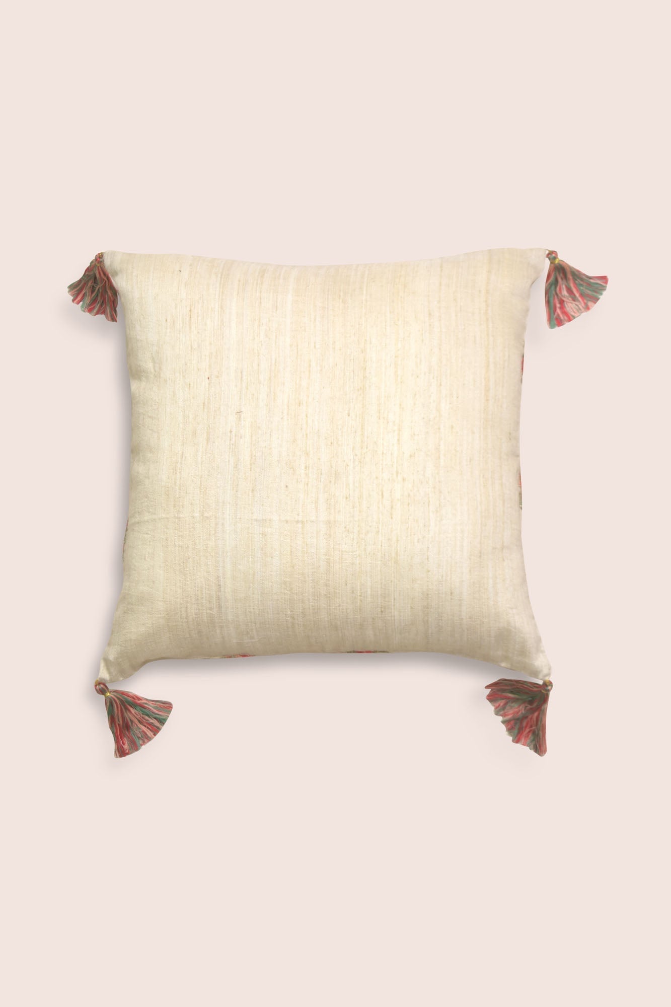 Handwoven Dupion Silk Cushion Cover - Hand-Embroidered, Four Tassels