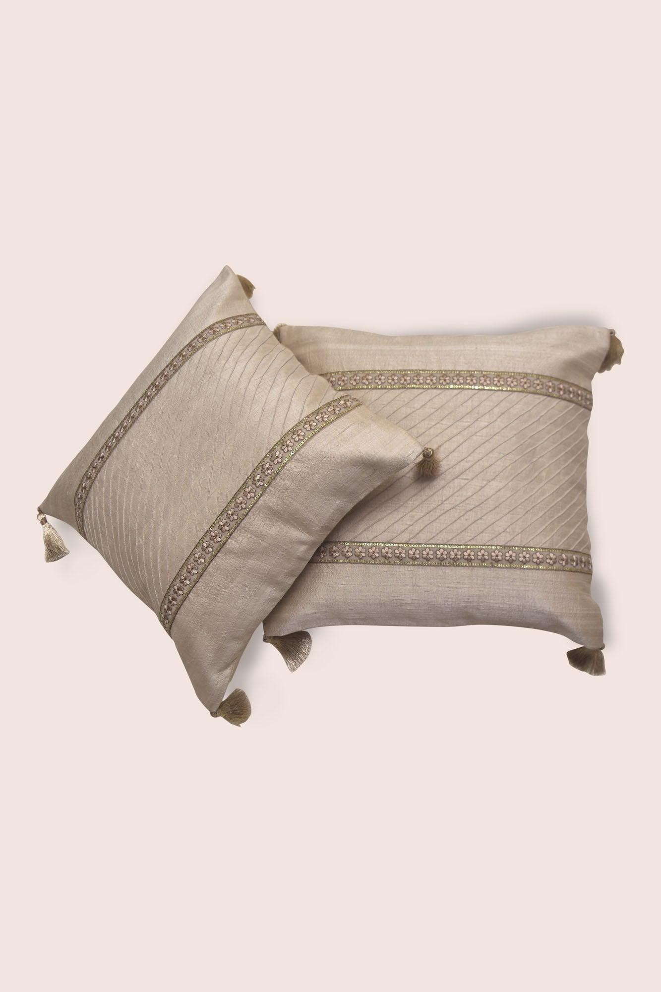 Handwoven Dupion Silk Cushion Cover - Pleated, Embroidered, 16x16 Inch
