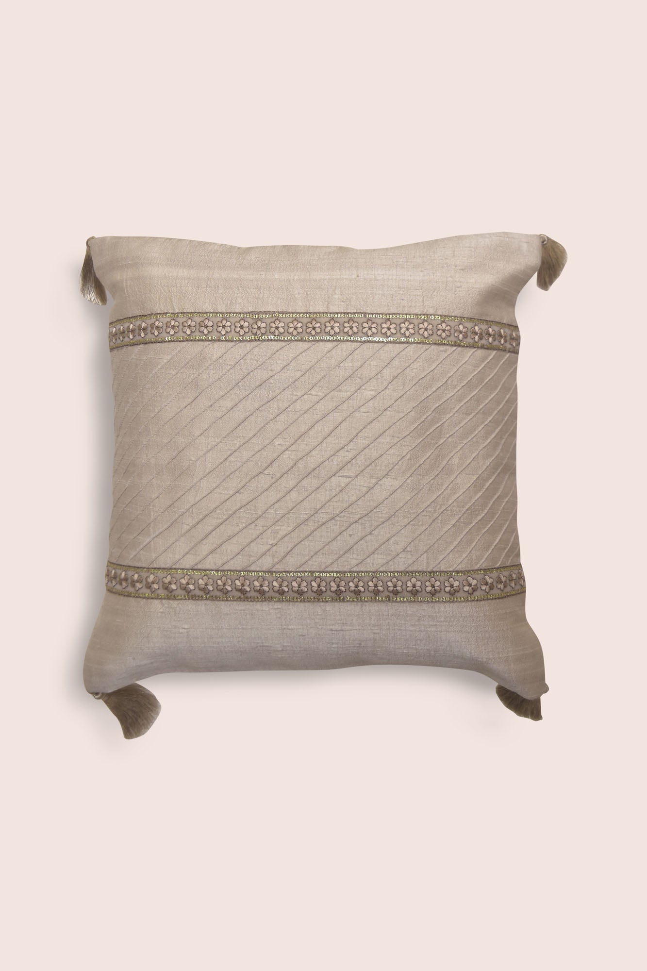 Handwoven Dupion Silk Cushion Cover - Pleated, Embroidered, 16x16 Inch