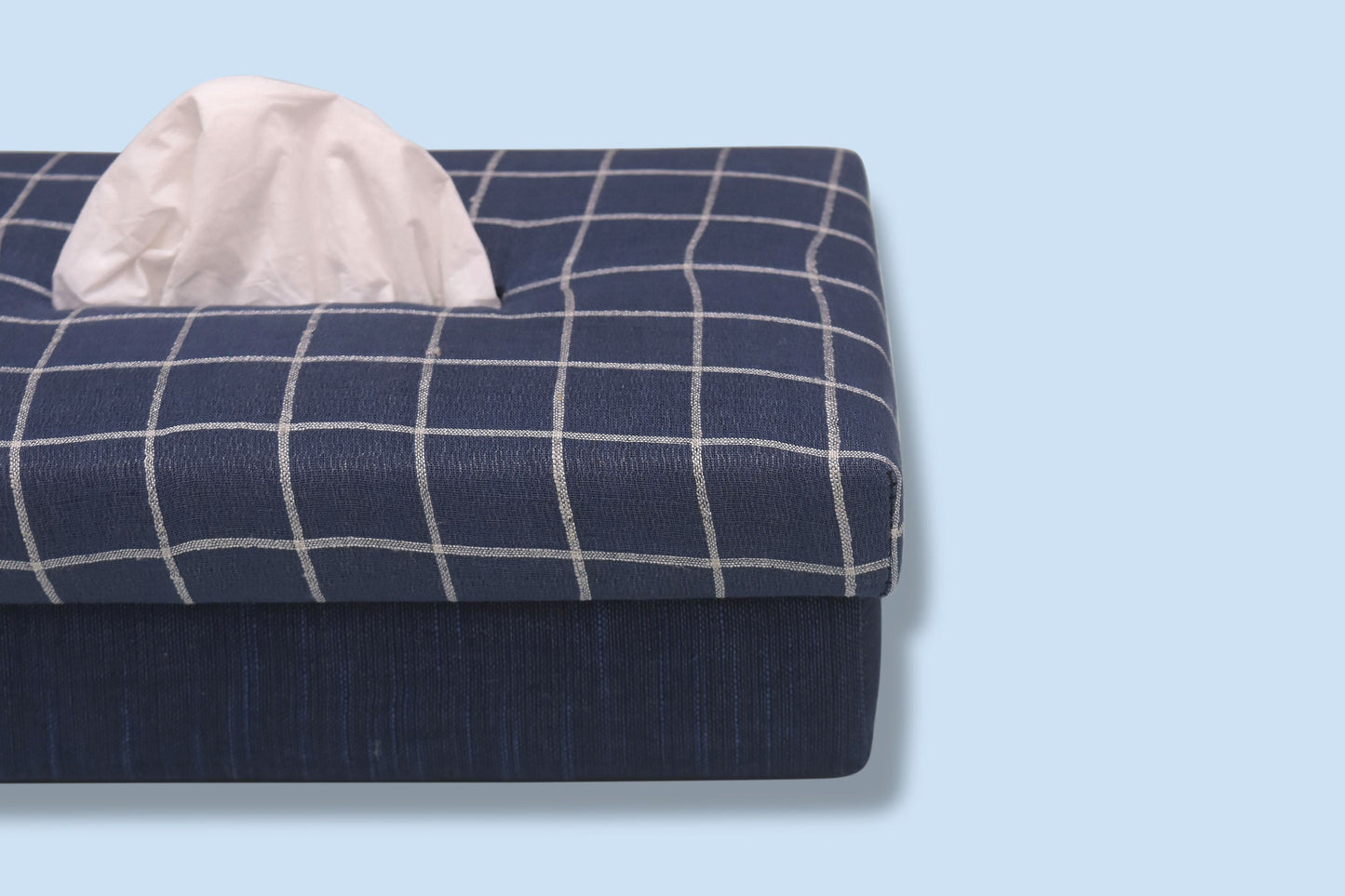 Handwoven Cotton Tissue Box - Blue Check Pattern