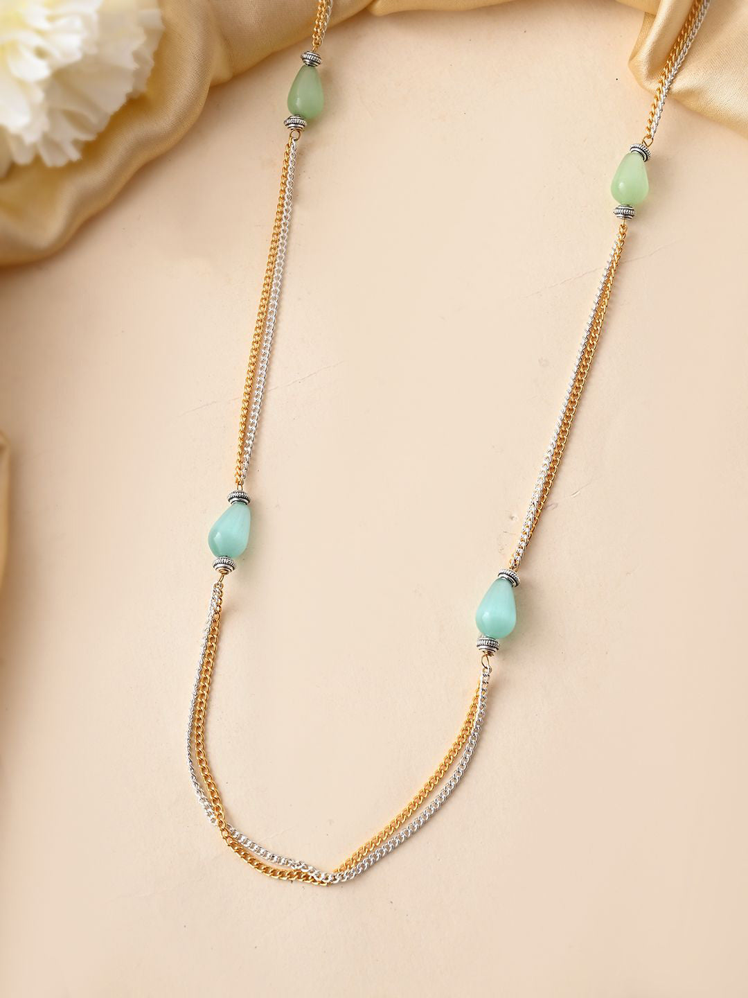 Artificial Beads Necklace – Silver-plated Brass – Green Link Design – 35cm