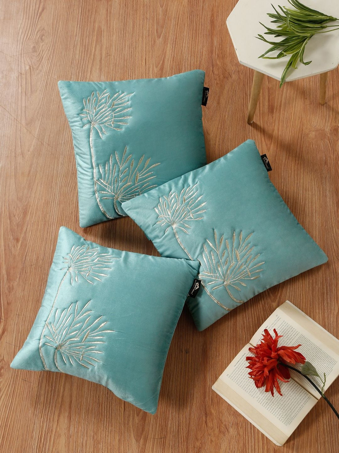 Set of 3 - Blue Embroidered Velvet Square Cushion Covers – Decorative Home Accents