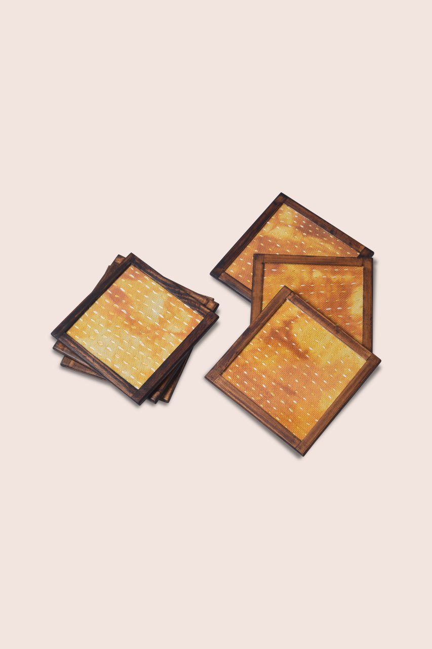 Handwoven Cotton Beverage Coasters Embroidered - Set of 2 With Holder