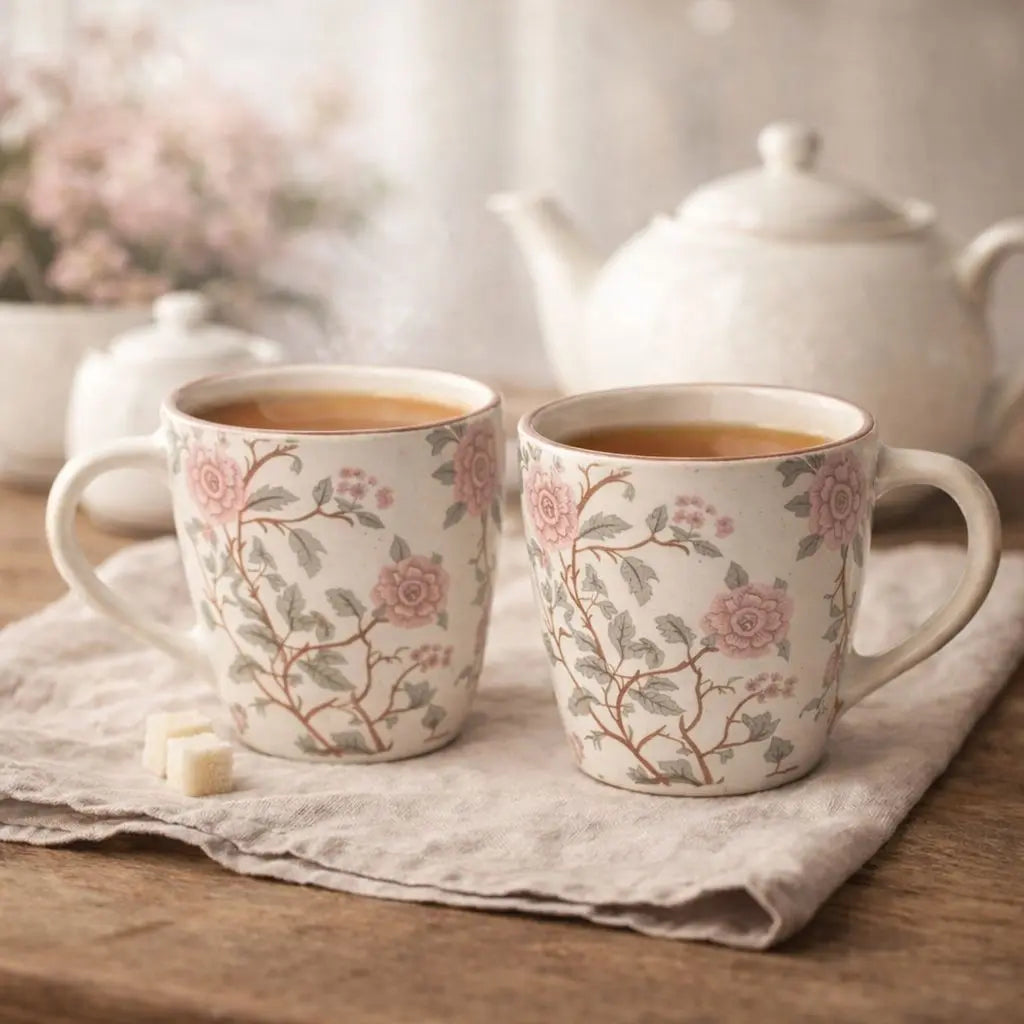 Stoneware Botanical Mug - Pink Motif, Set