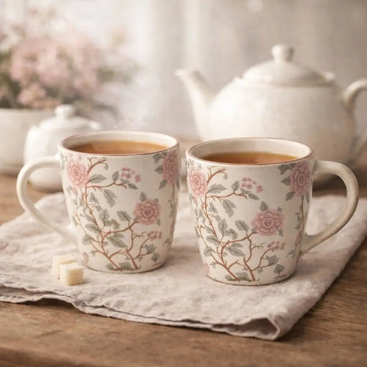 Stoneware Botanical Mug - Pink Motif, Set