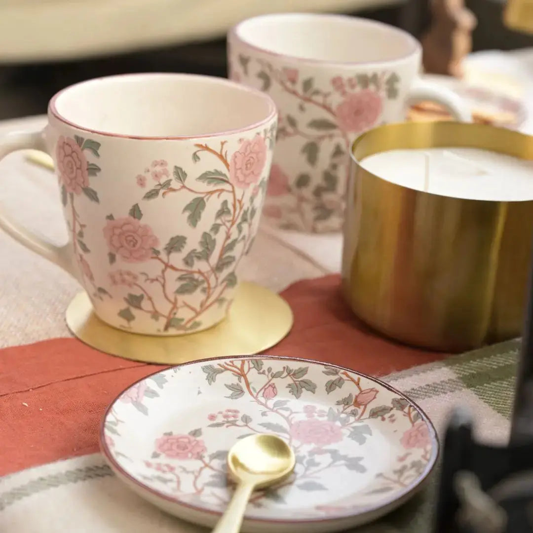 Stoneware Botanical Mug - Pink Motif, Set