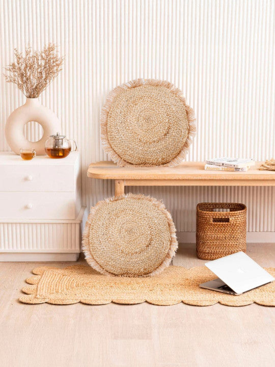 Set of 2 - Decorative Cushion Covers – Throw Pillow Slips – Jute Cotton Blend, Self-Design – Round